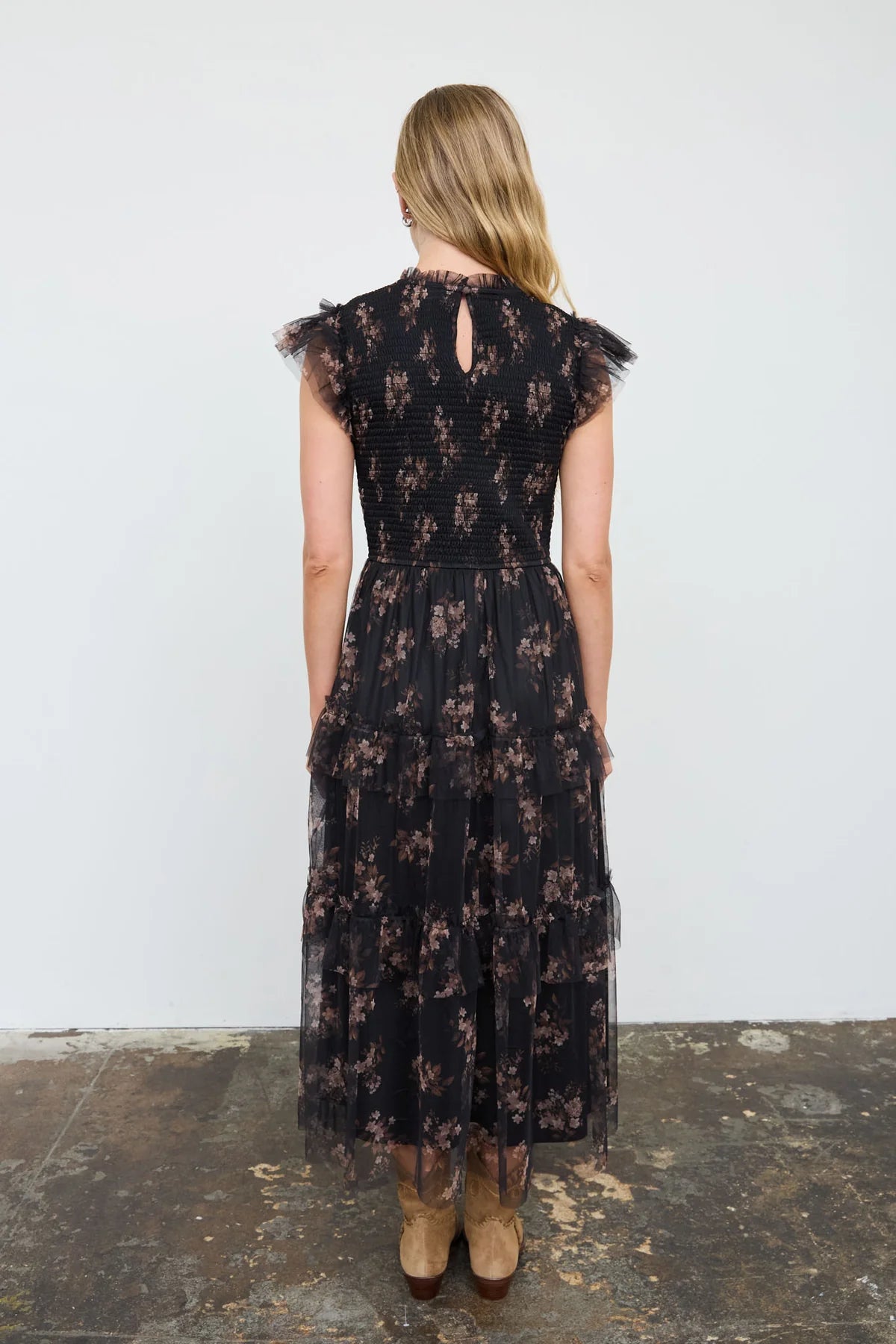 Black Floral Tulle Midi Dress