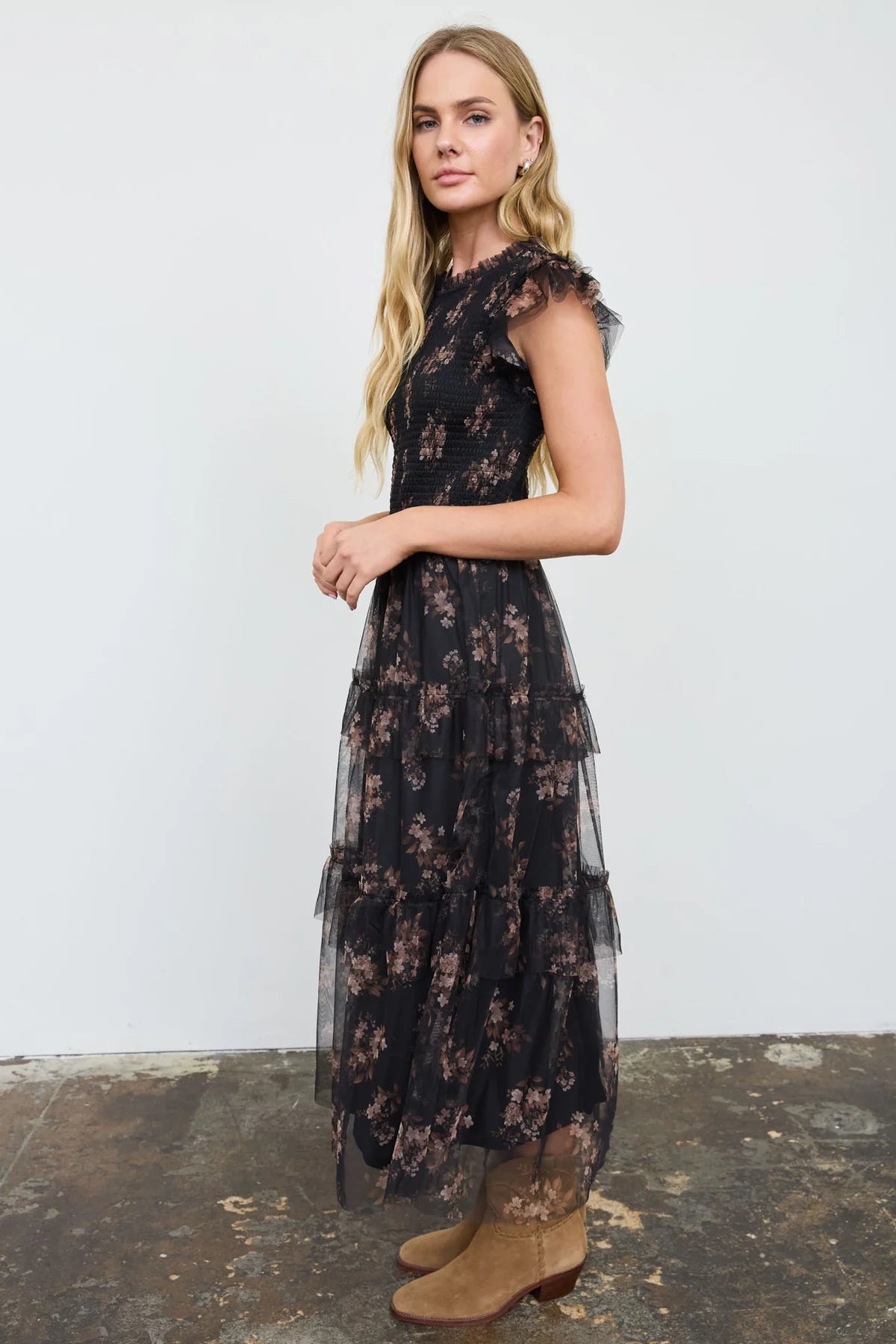 Black Floral Tulle Midi Dress