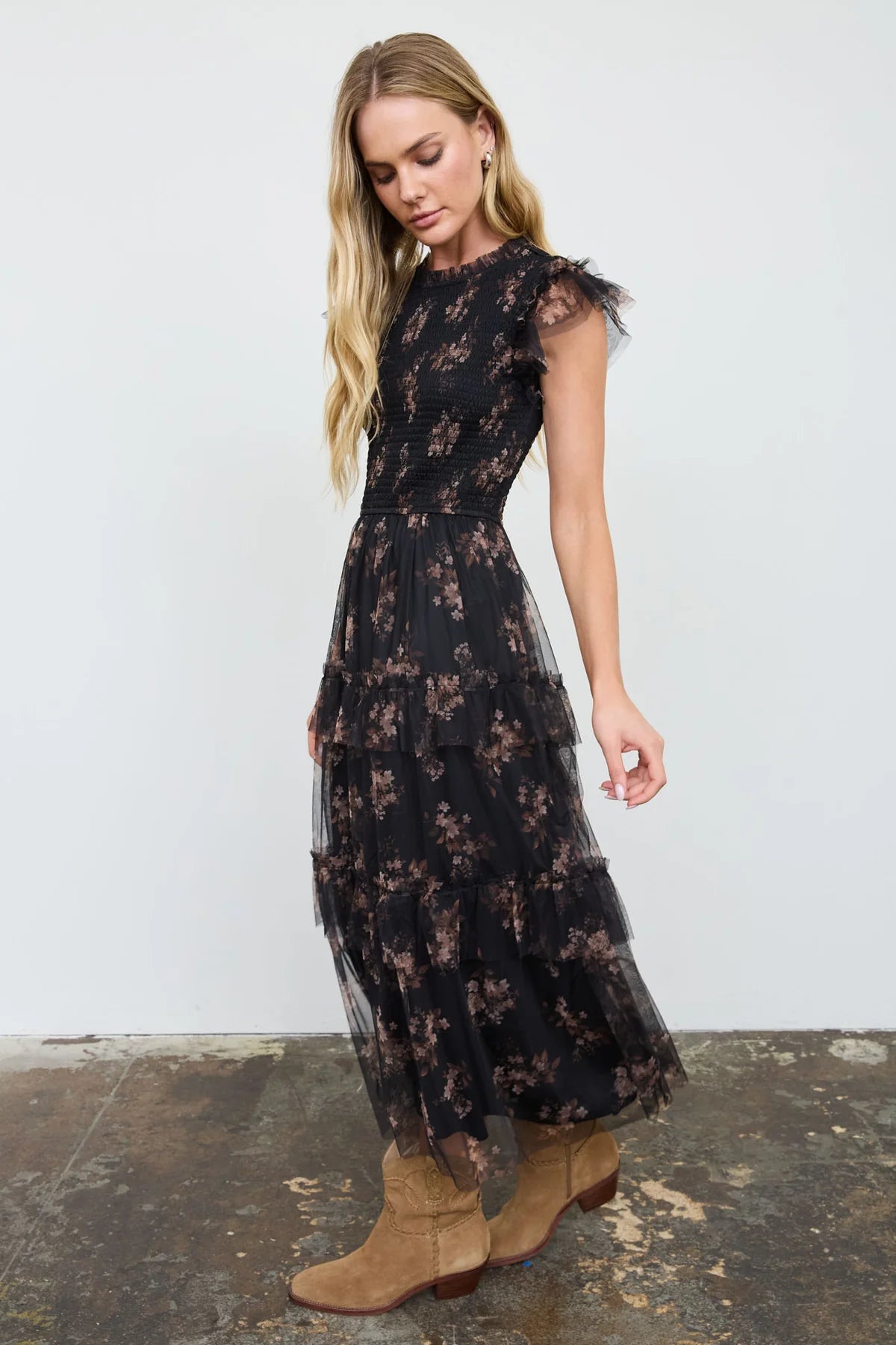 Black Floral Tulle Midi Dress