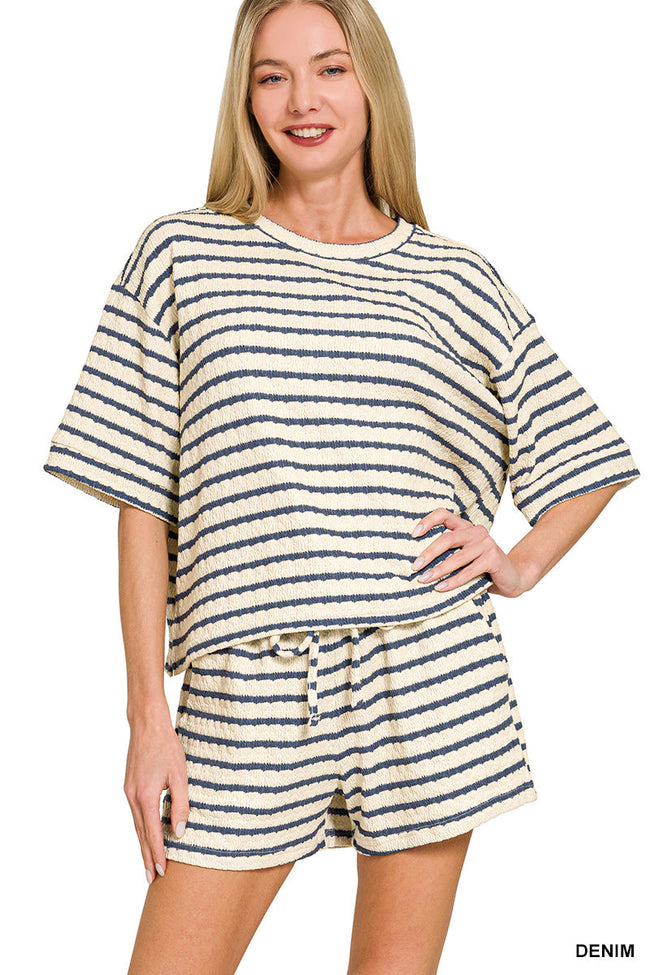 Blue Stripe Knit Shorts Set