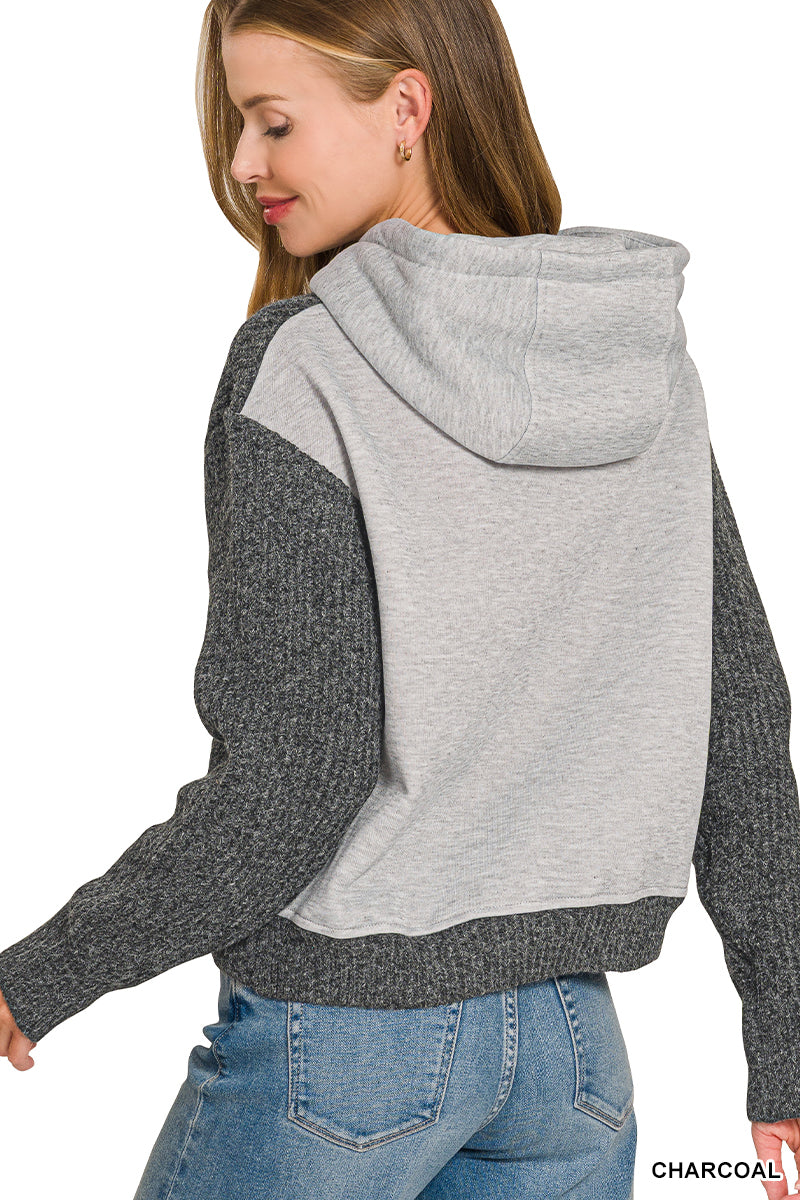 Contrast Sleeve Charcoal Knit Hoodie
