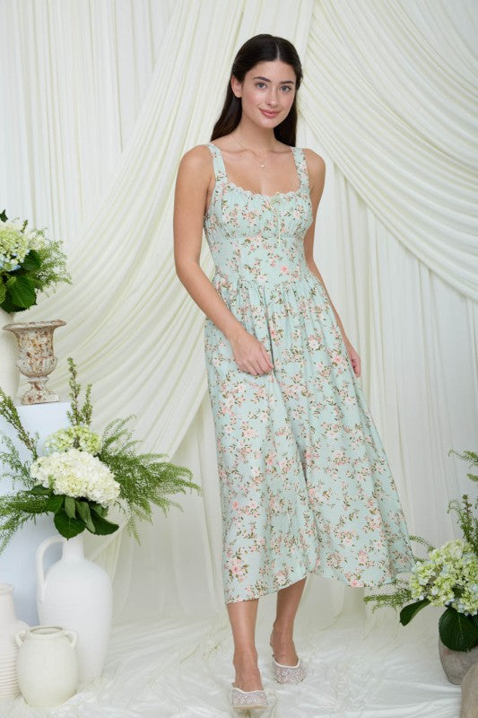 Mint Floral Lace Trim Corset Dress
