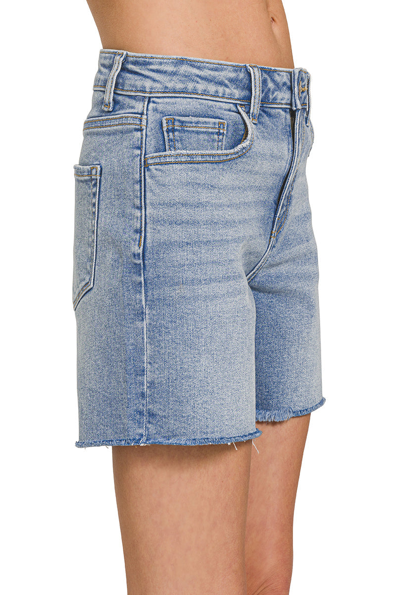 Light Wash Long Cut Off Shorts