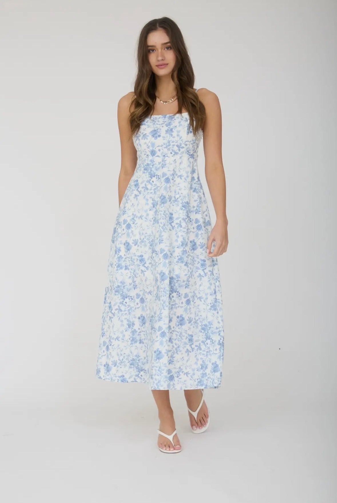 Blue Watercolor Floral Mid Dress