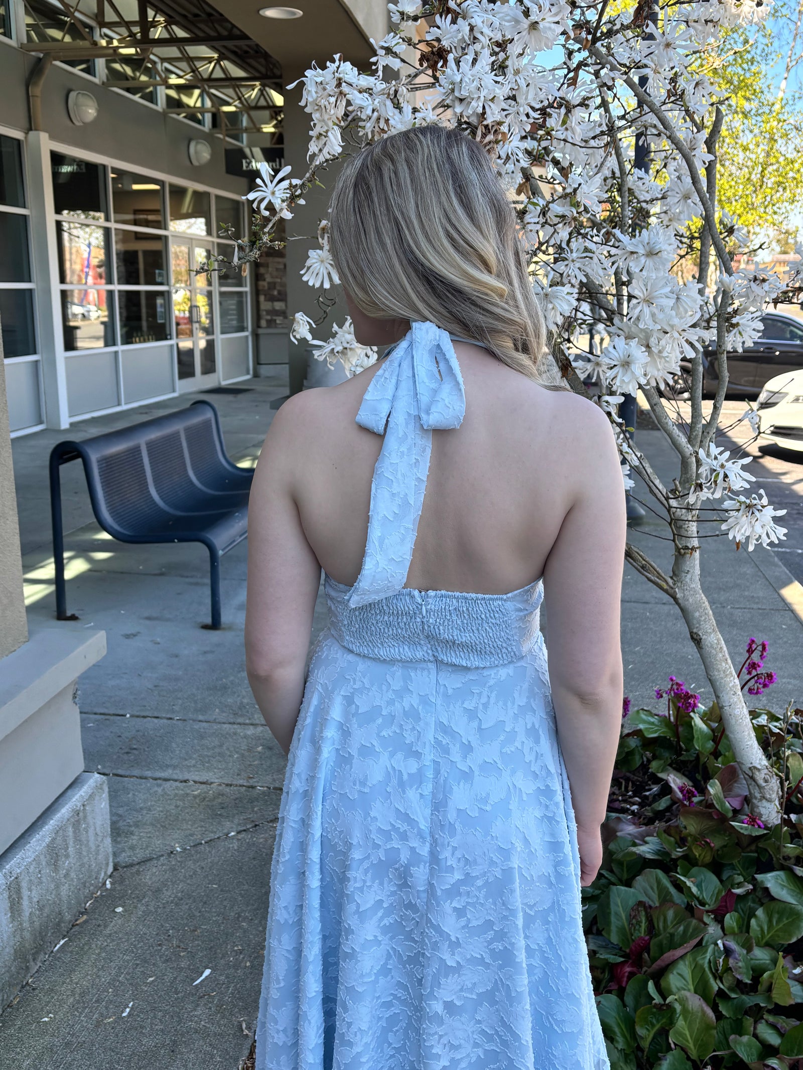 Baby Blue Floral Halter Dress