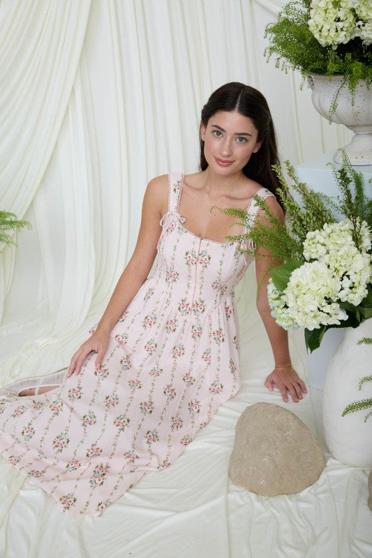 Floral Corset Hook Midi Dress