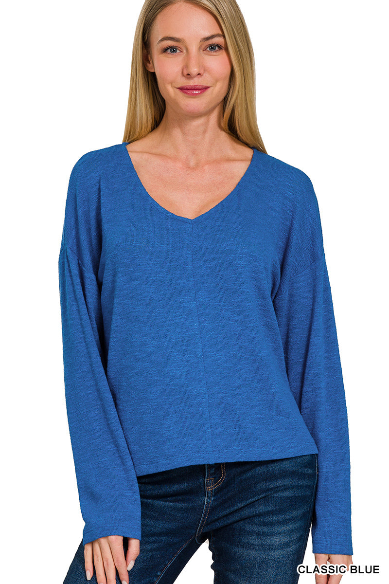 Slub Knit V-Neck Long Sleeve Top