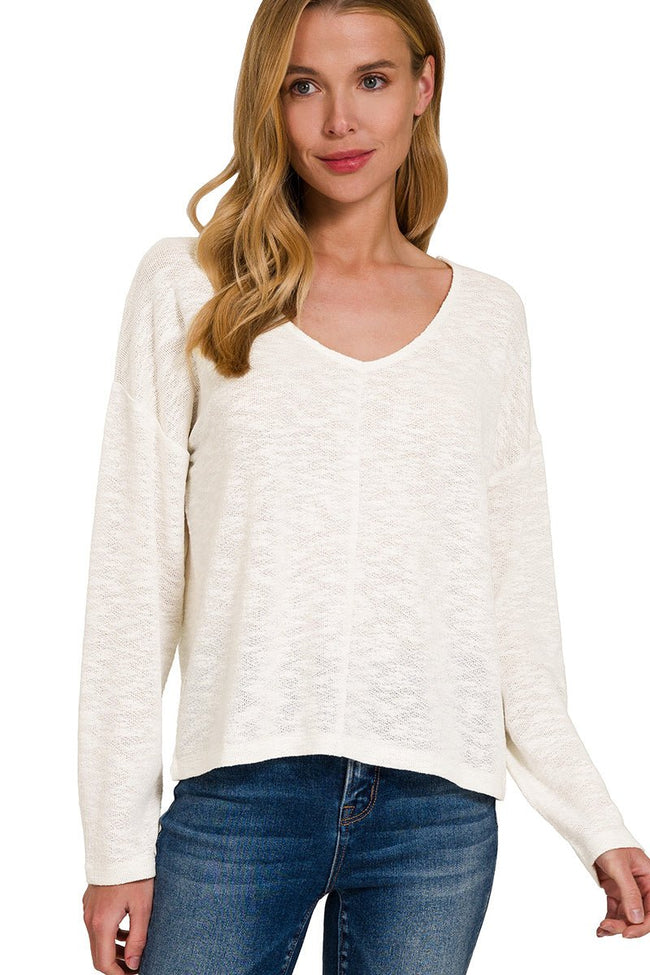 Slub Knit V-Neck Long Sleeve Top