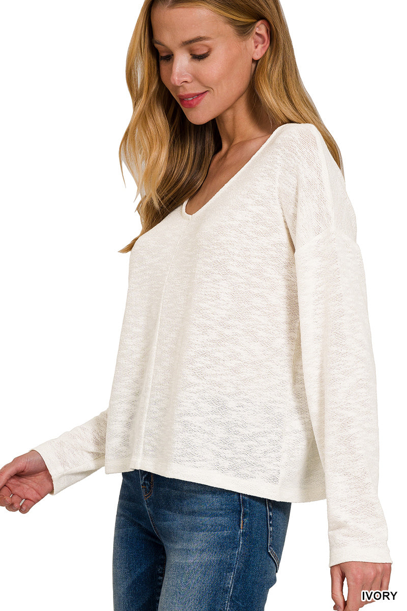 Slub Knit V-Neck Long Sleeve Top