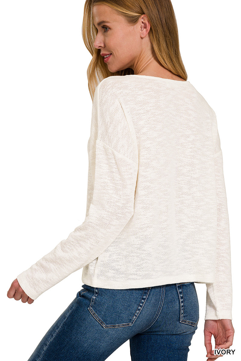 Slub Knit V-Neck Long Sleeve Top