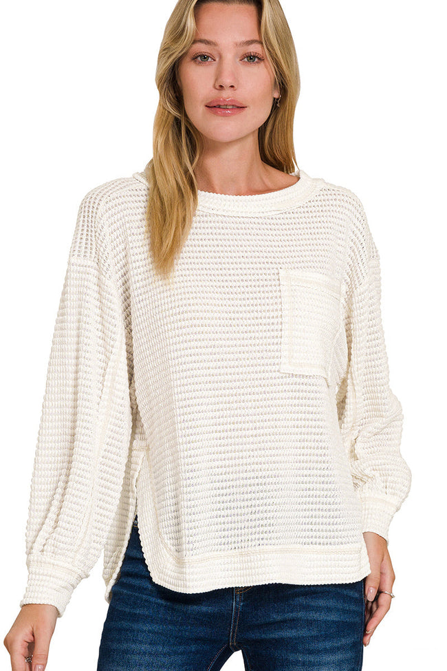 Cream Balloon Sleeve Waffle Top