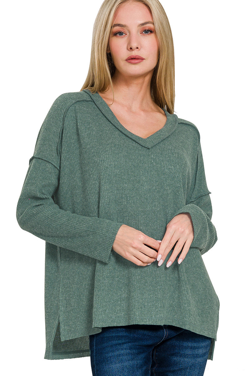 Brushed Ribbed V-Neck Top