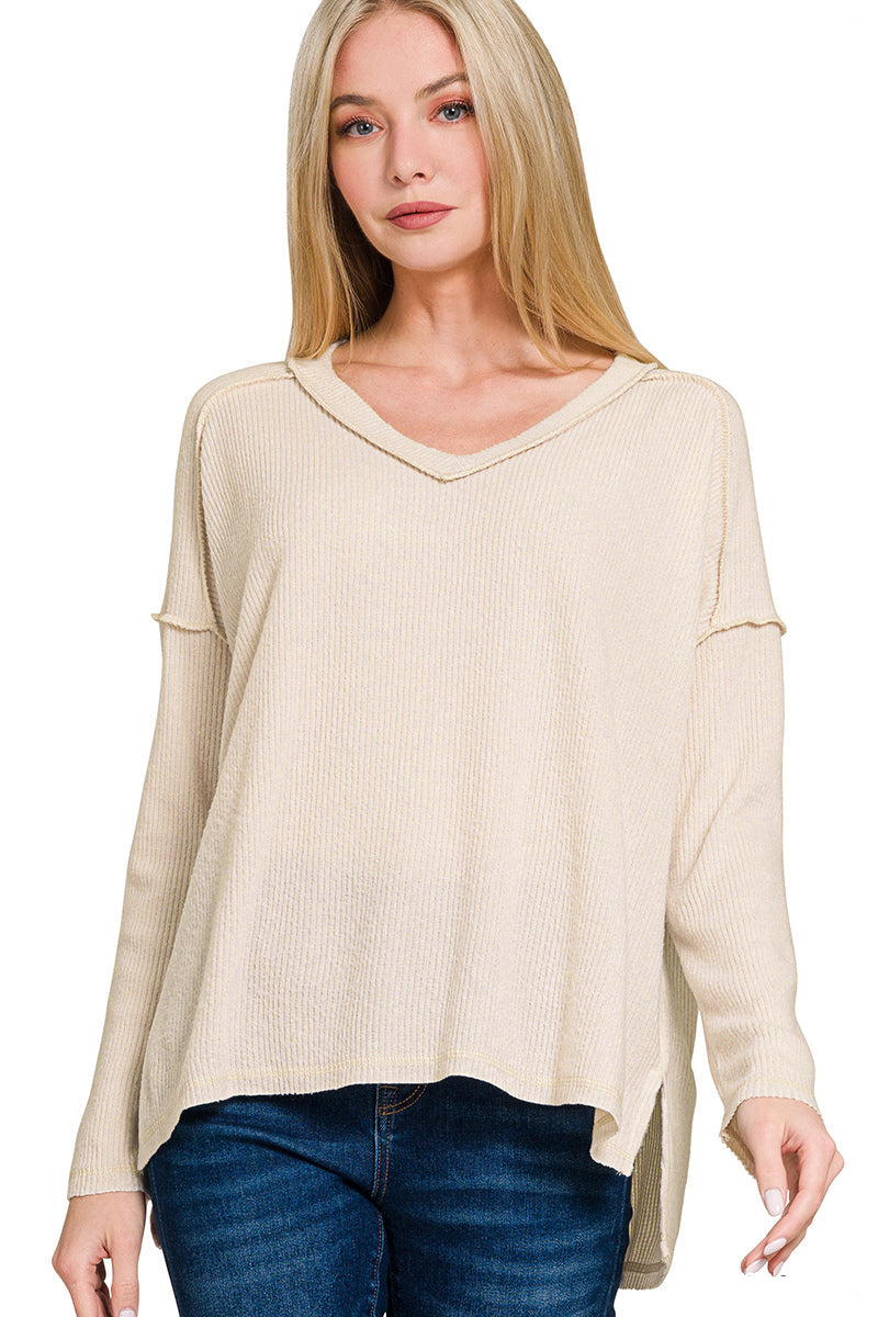 Brushed Ribbed V-Neck Top