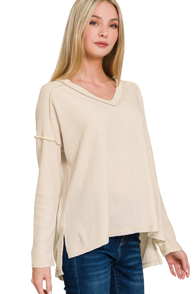Brushed Ribbed V-Neck Top