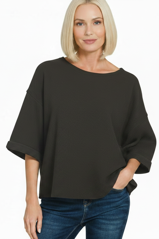 Waffle Knit 3/4 Sleeve Top