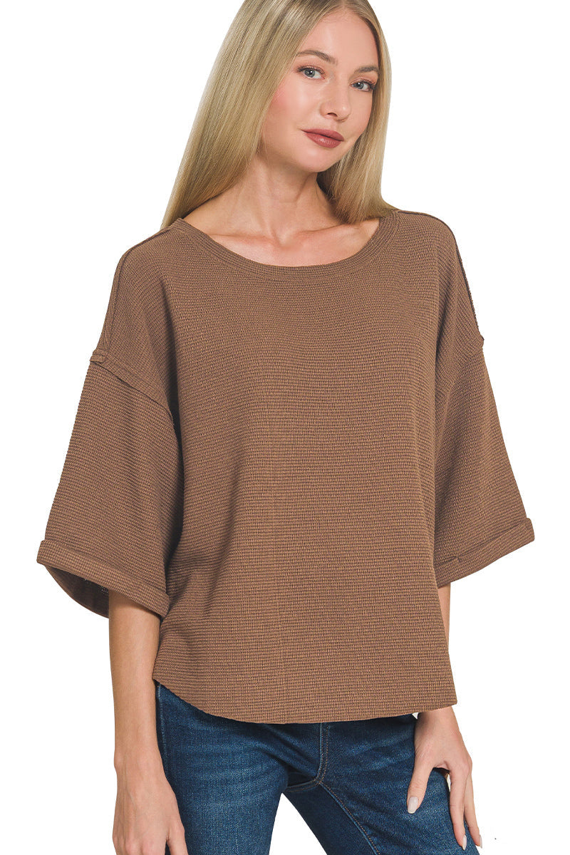 Waffle Knit 3/4 Sleeve Top