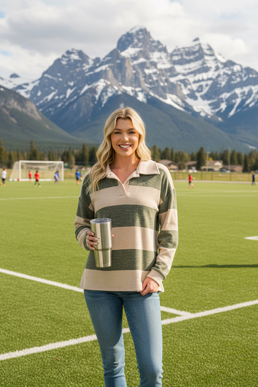 Olive Stripe Collared Rugby Top