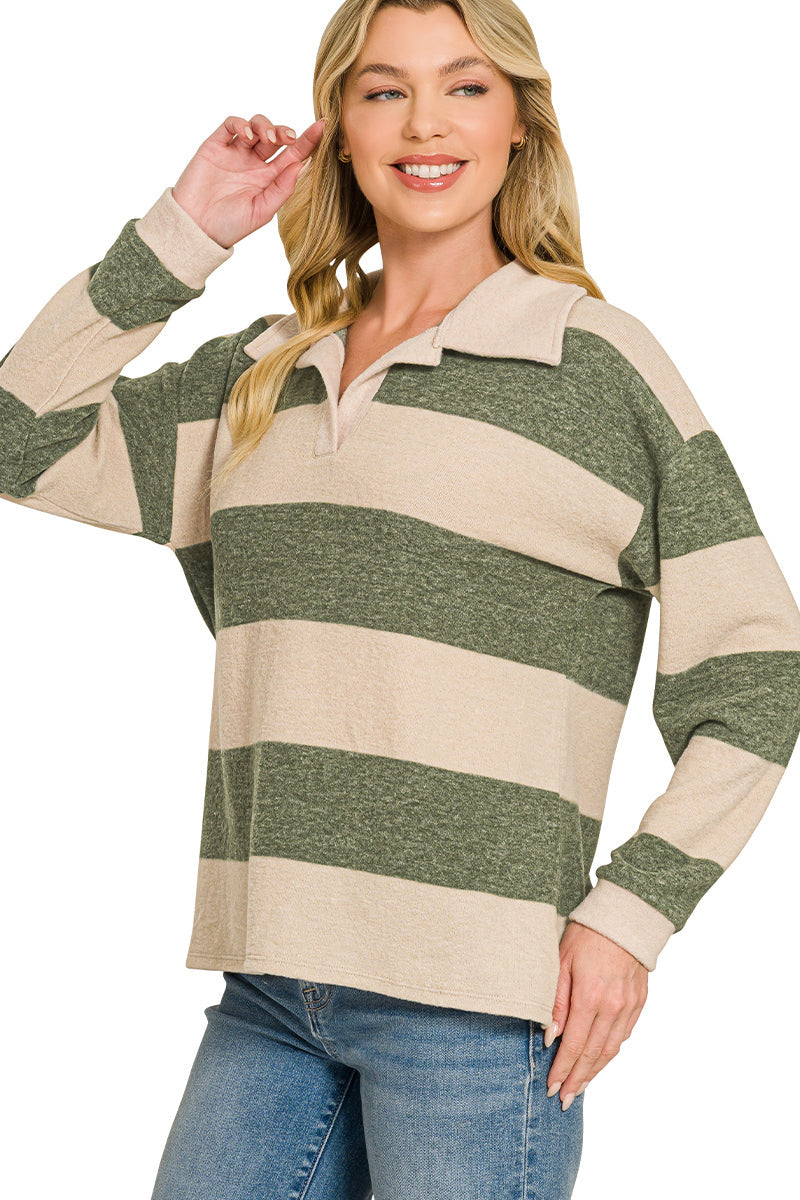 Olive Stripe Collared Rugby Top