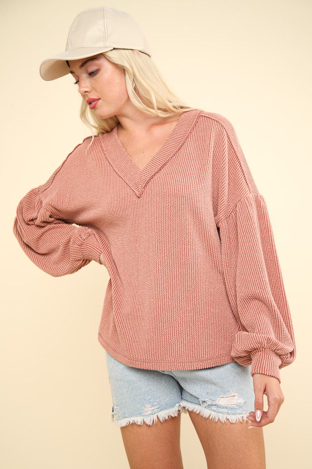 Ribbed V-Neck Balloon Sleeve Top