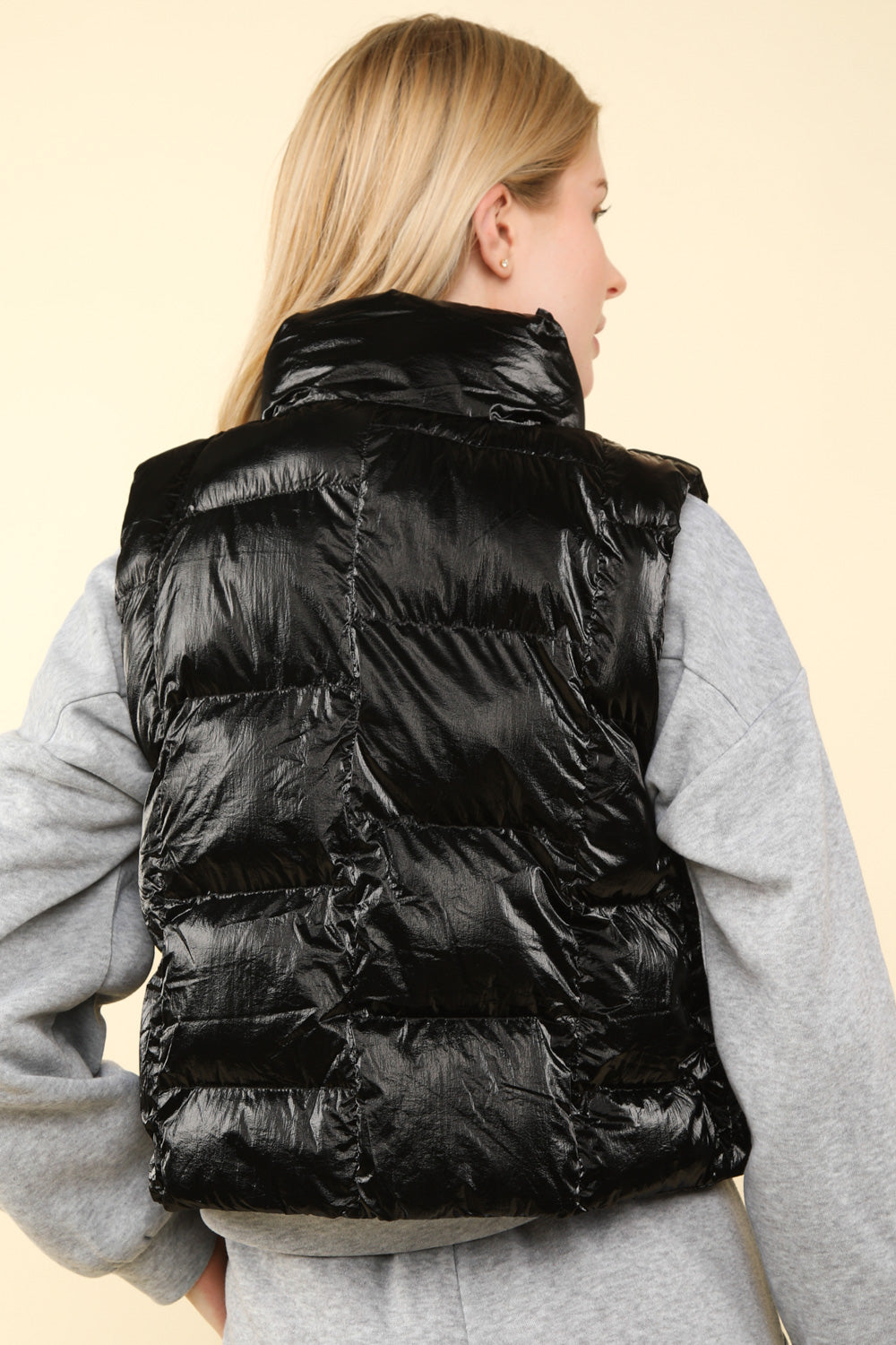 Black Liquid Leather Puffer Vest