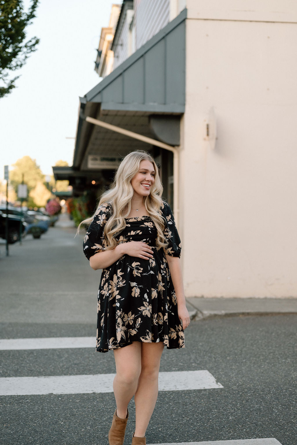 Black Floral Puff Sleeve Mini Dress