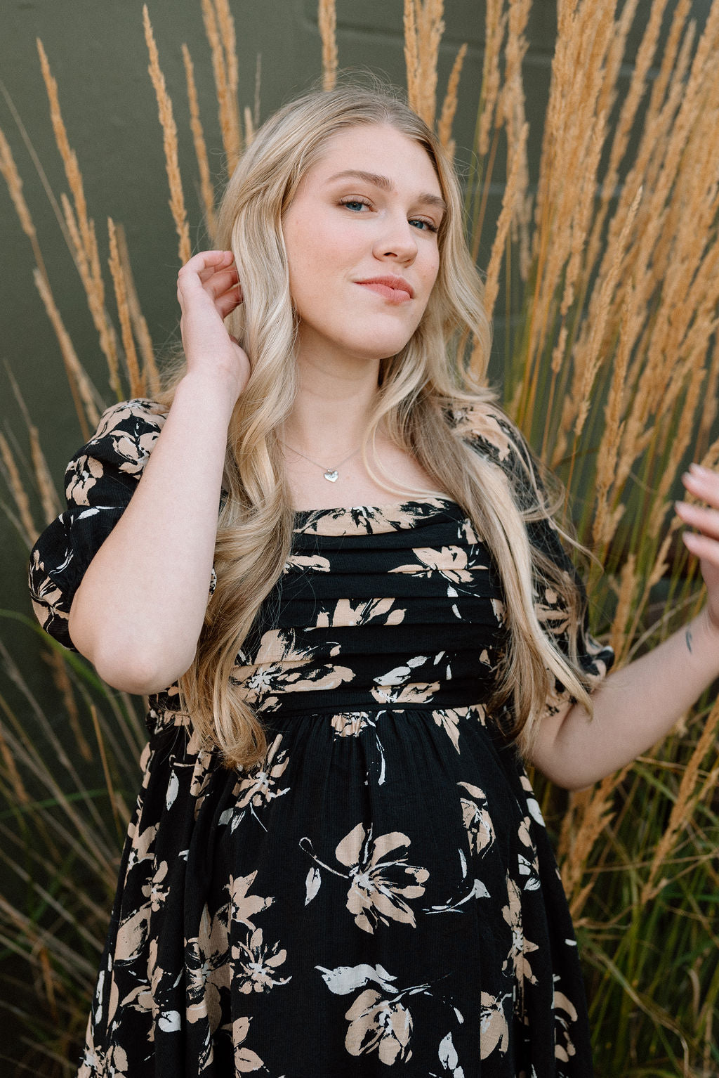 Black Floral Puff Sleeve Mini Dress