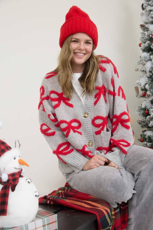 Red Bow Button Cardigan