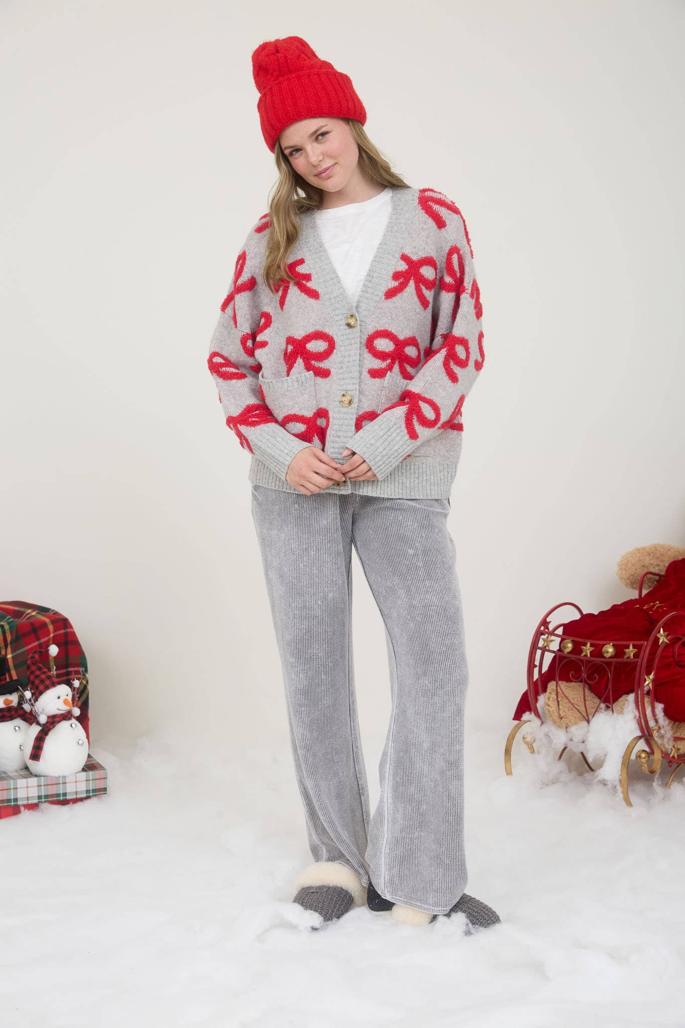 Red Bow Button Cardigan