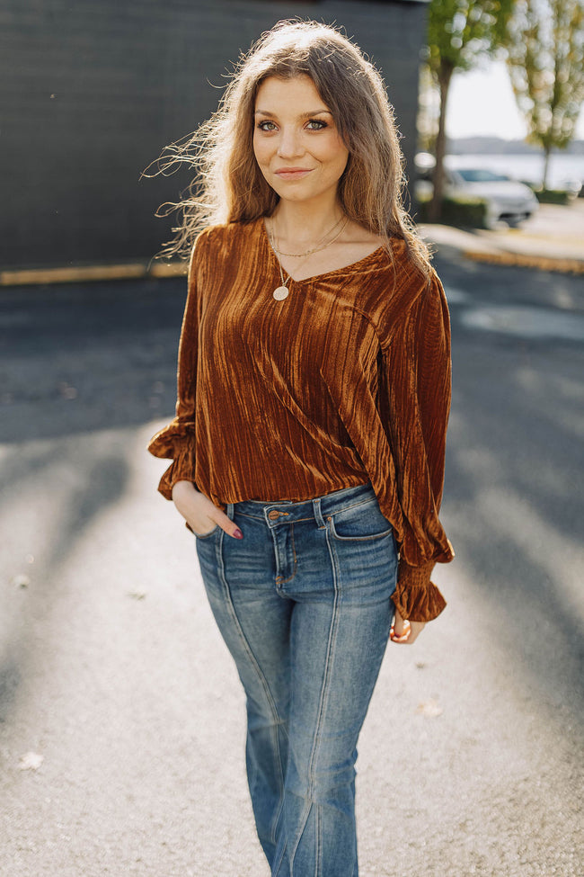 Toffee Velvet V-Neck Blouse