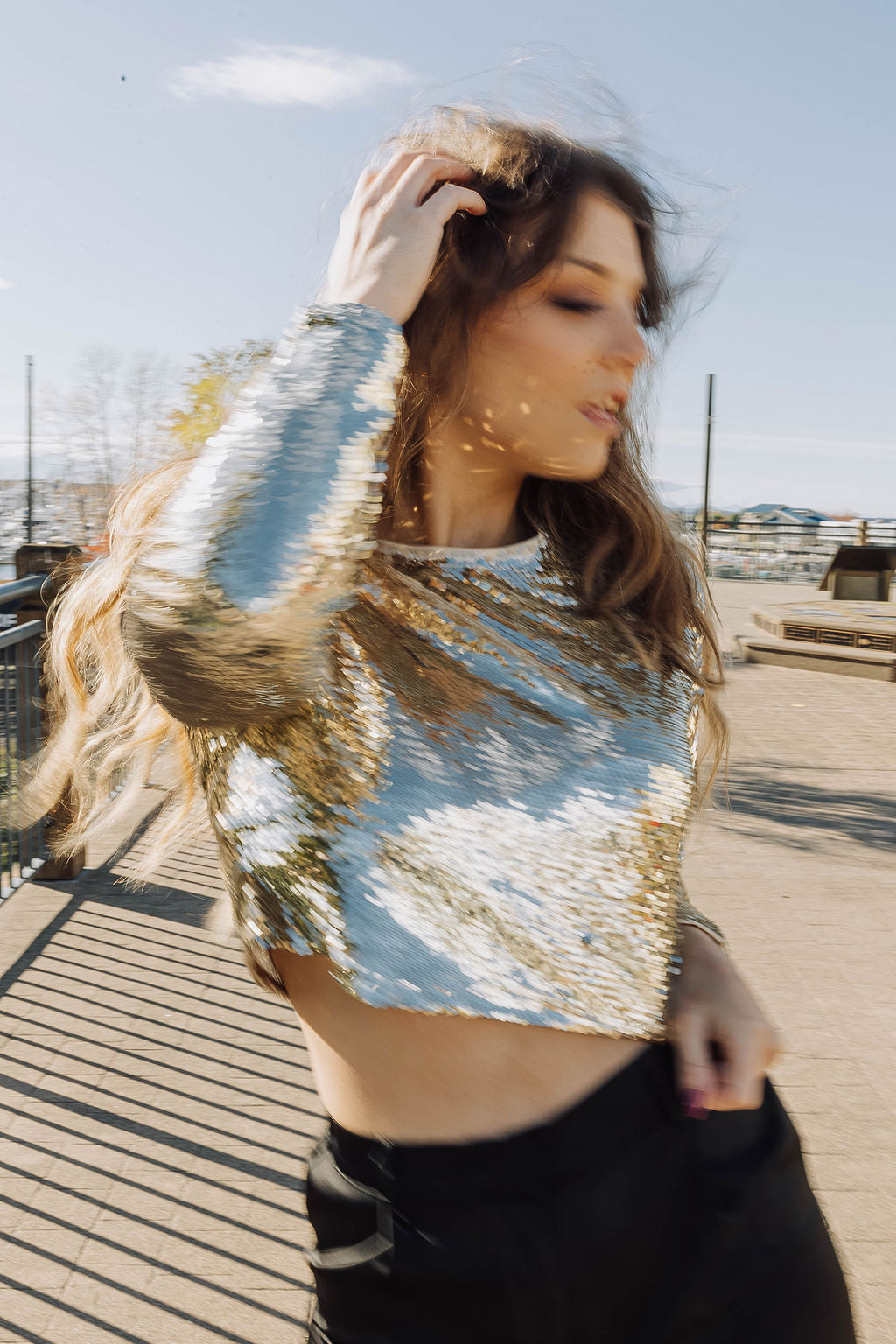 Gold Sequin Long Sleeve Crop Top