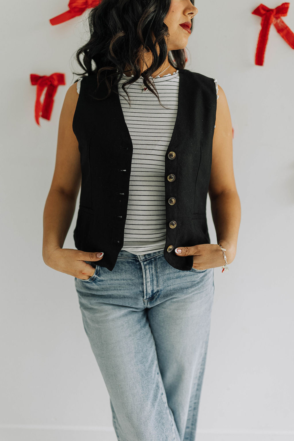 Black Linen Button Up Vest