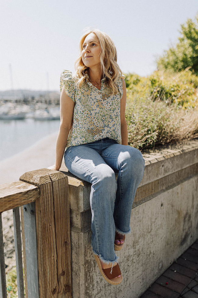 Green Floral Ruffle Sleeve Blouse