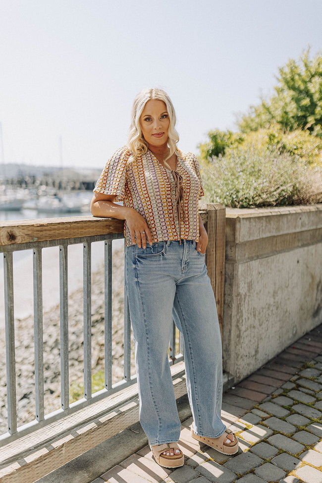 Rainbow Stripe Crochet Tie Blouse