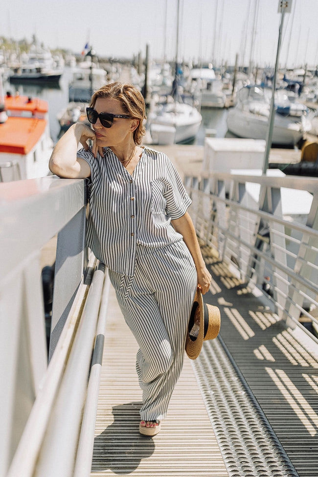 Cream Black Stripe Linen Top & Pants Set
