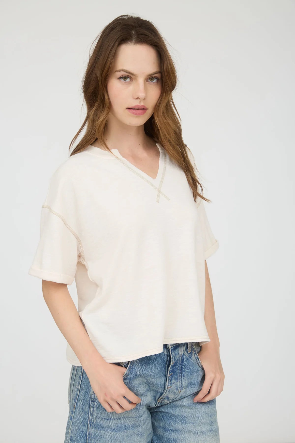 Cream Contrast Stitch Relaxed Top