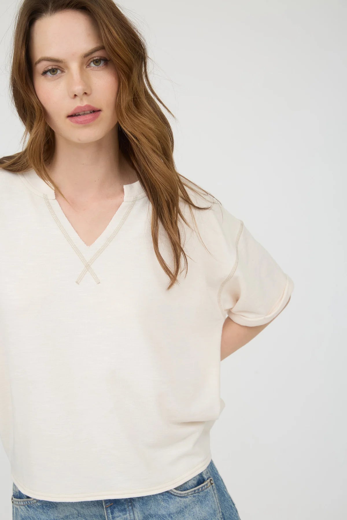 Cream Contrast Stitch Relaxed Top
