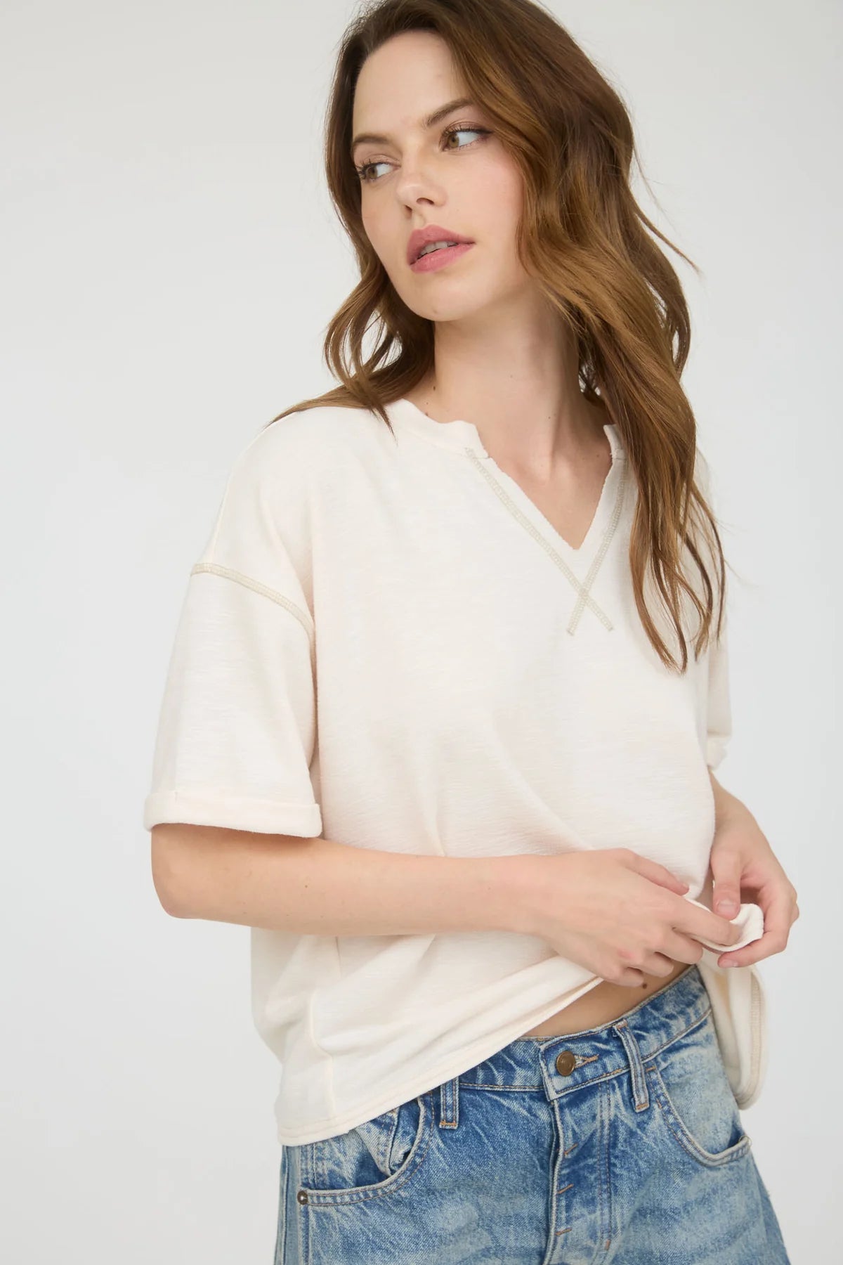 Cream Contrast Stitch Relaxed Top