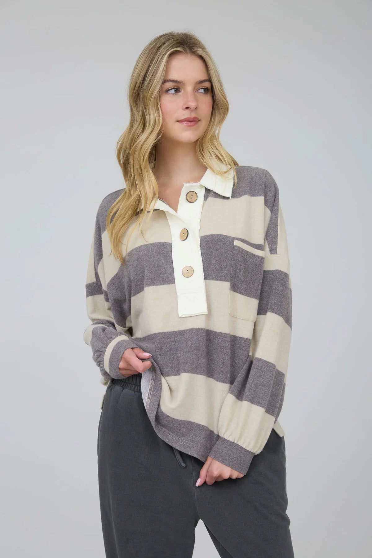 Stripe Henley Wood Button Polo