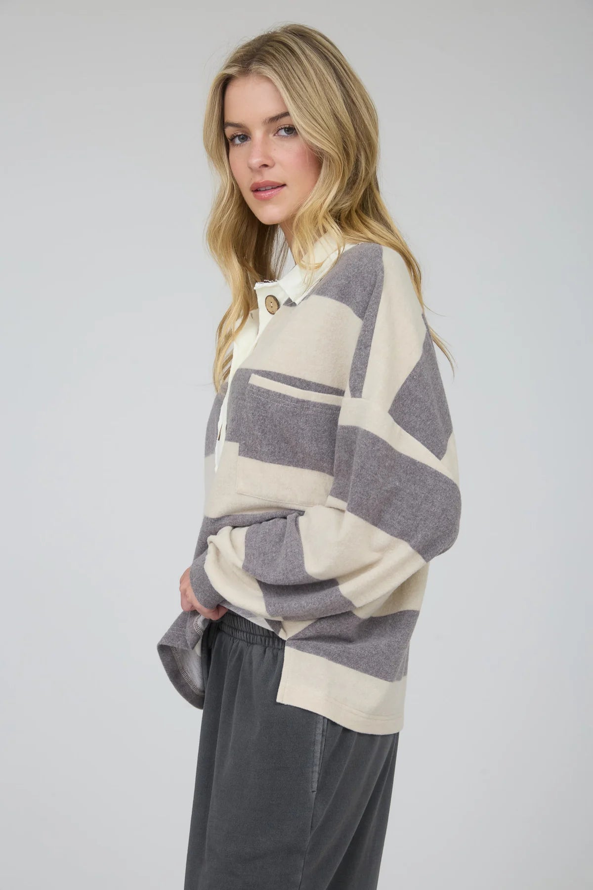 Stripe Henley Wood Button Polo
