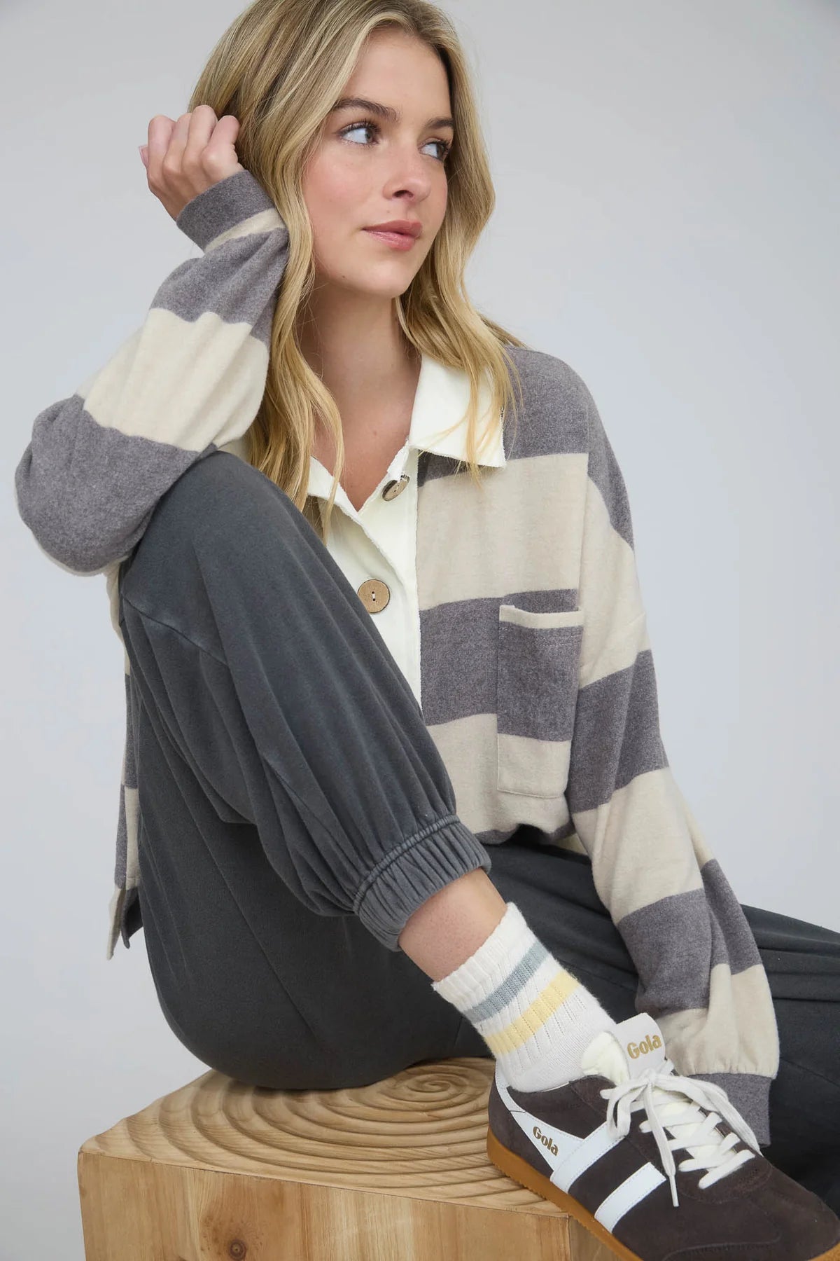 Stripe Henley Wood Button Polo