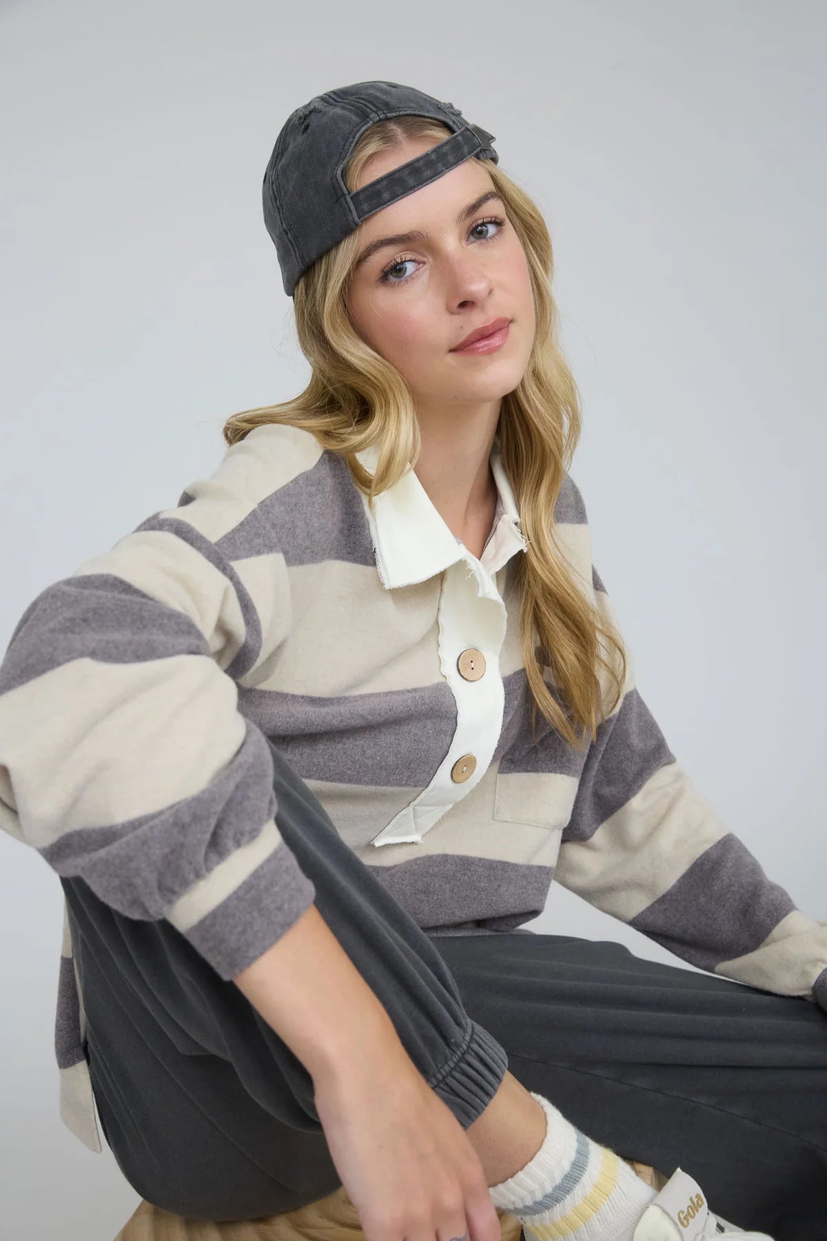 Stripe Henley Wood Button Polo