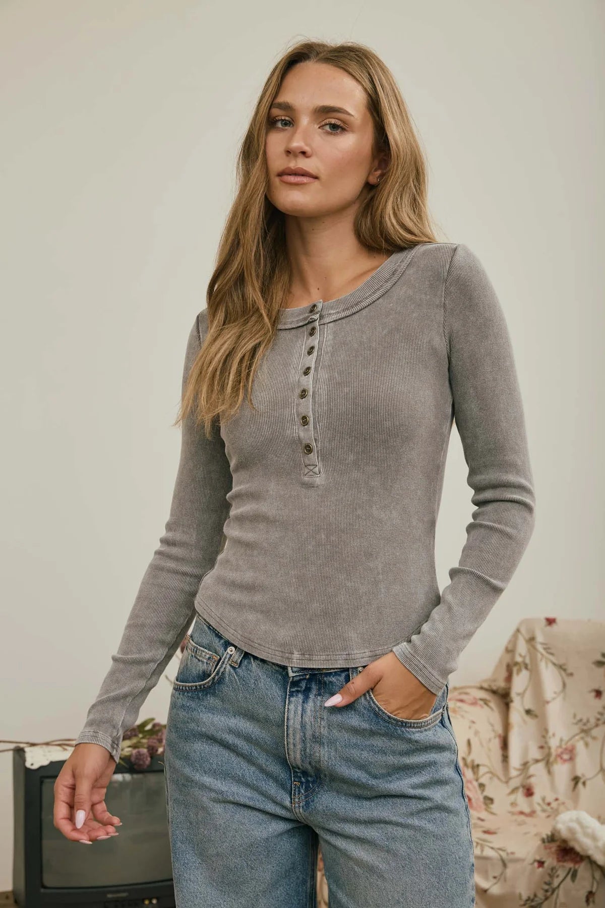 Grey Ribbed Henley Top
