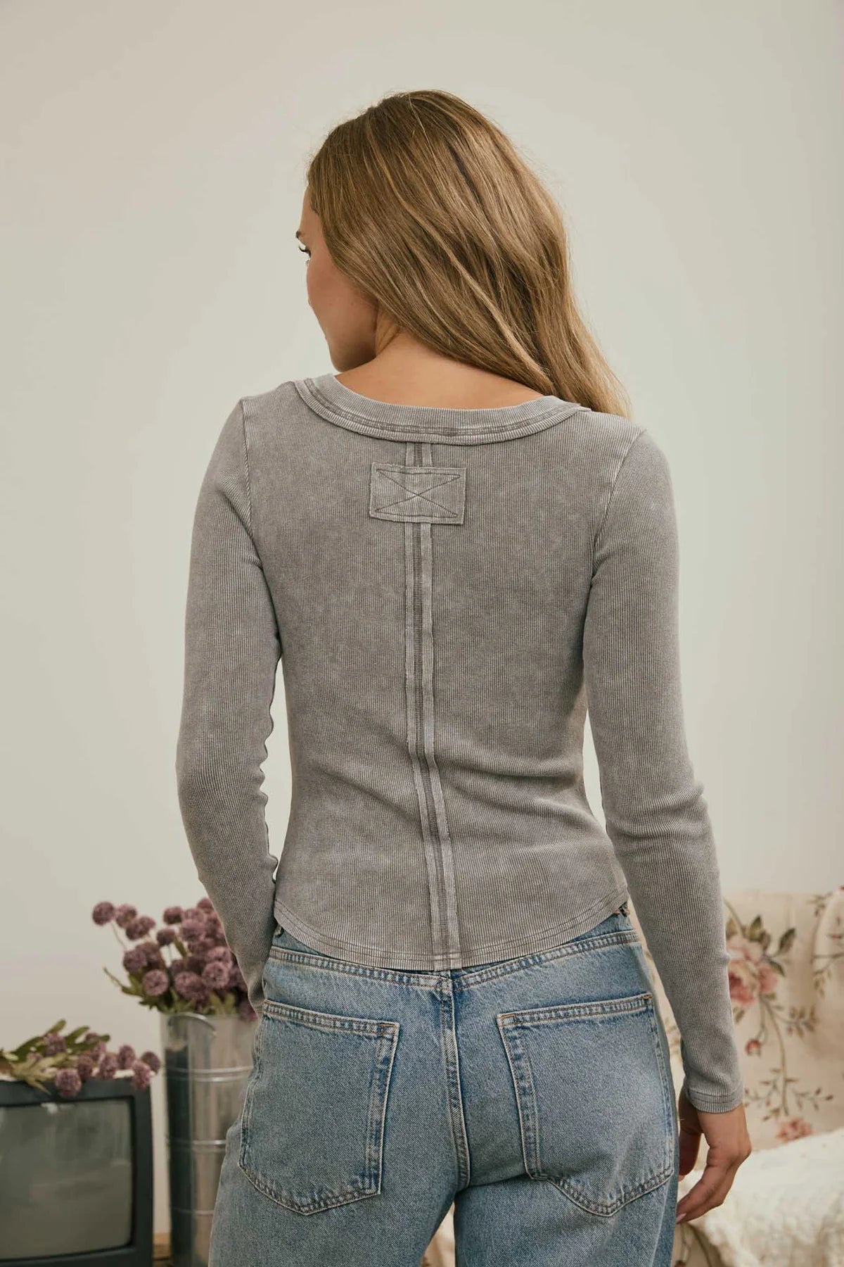 Grey Ribbed Henley Top