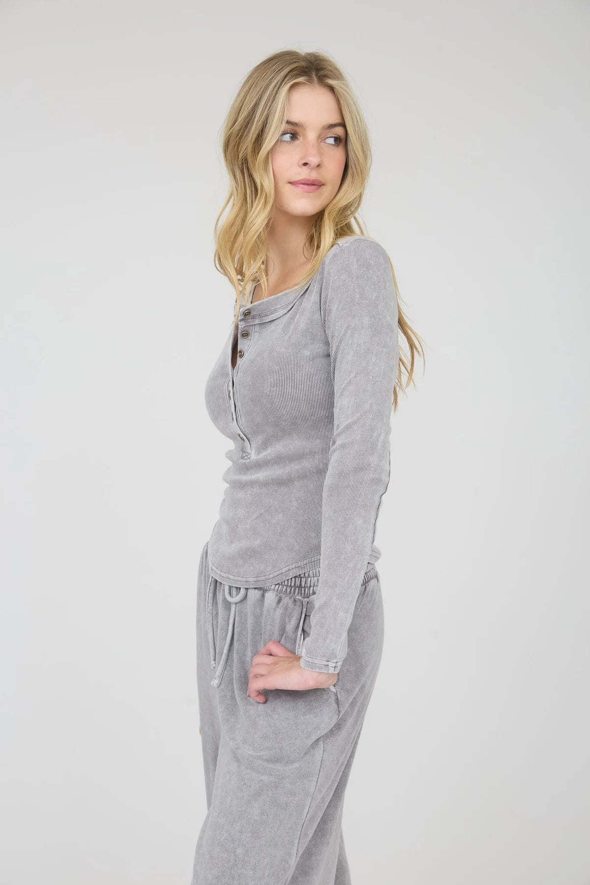 Stone Wash Ribbed Henley Top