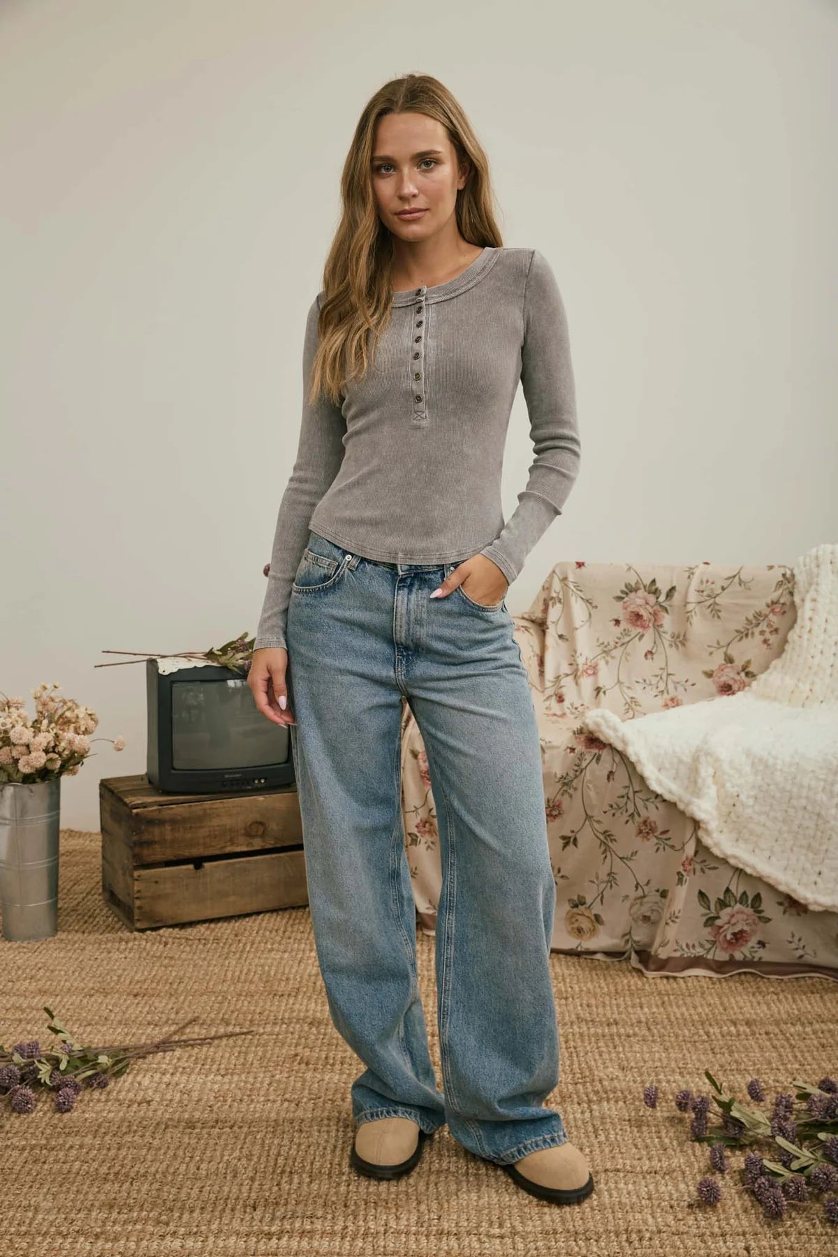 Grey Ribbed Henley Top