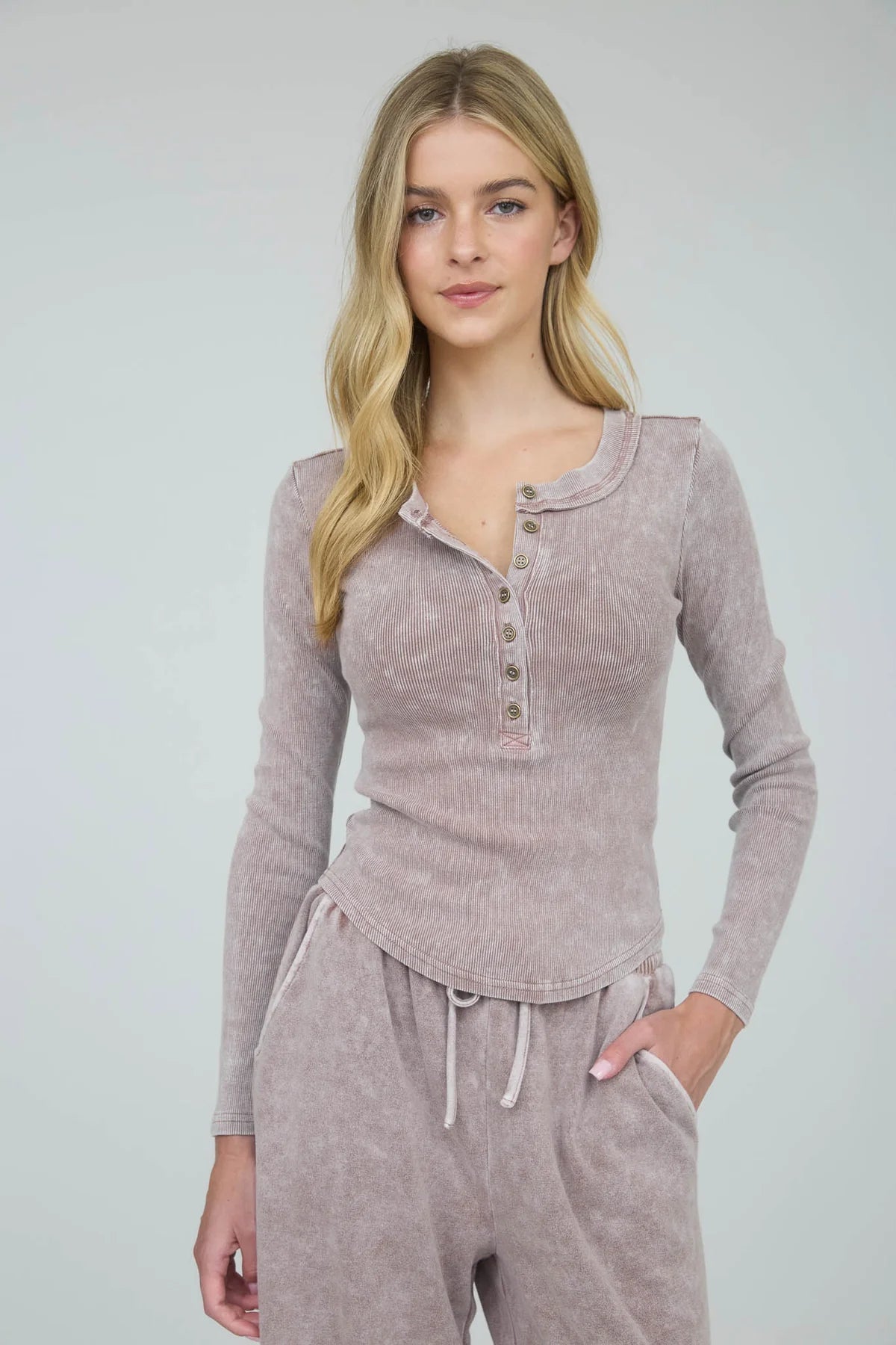 Stone Wash Ribbed Henley Top