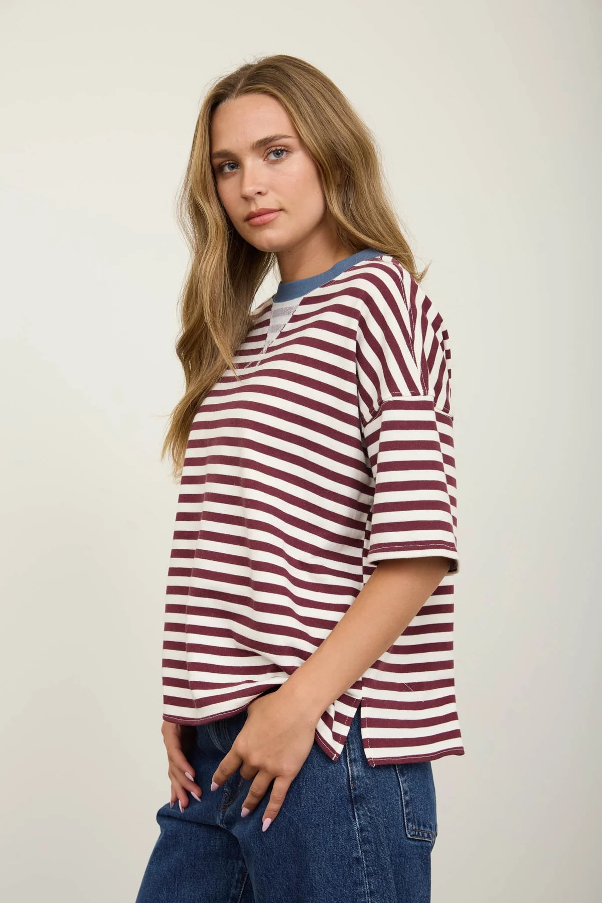 Maroon Stripe Knit Rugby Tee