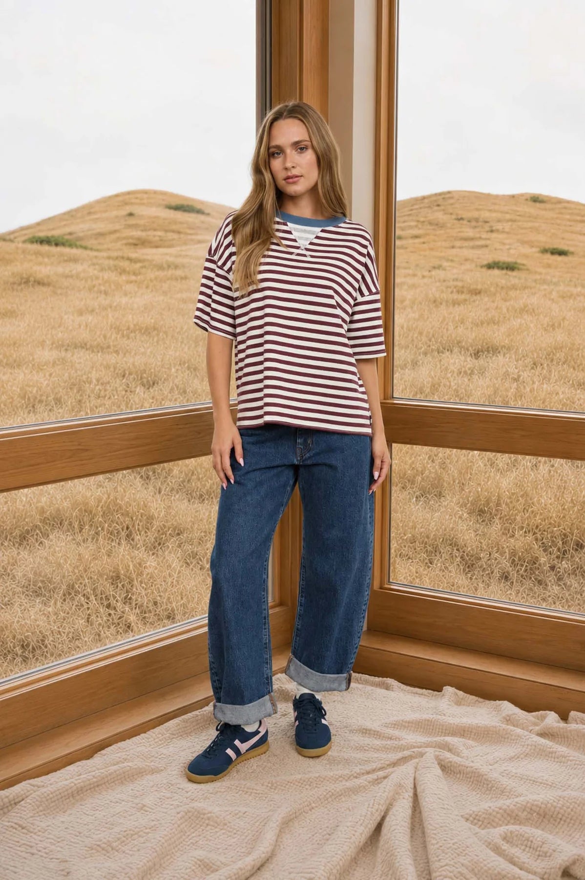 Maroon Stripe Knit Rugby Tee