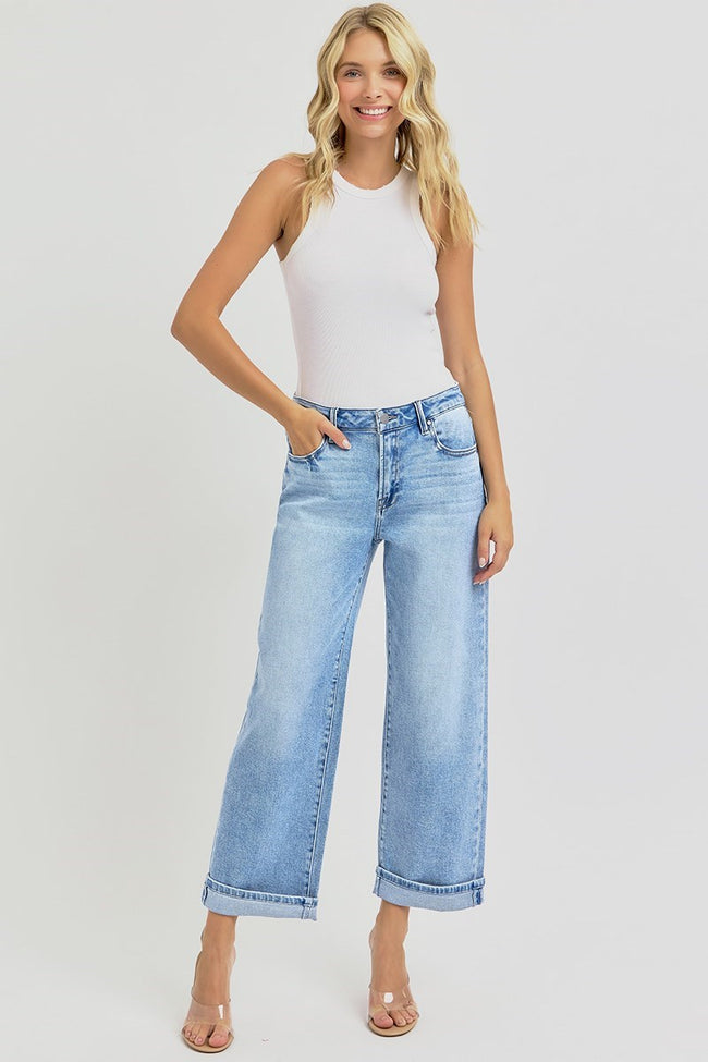 High Rise Barrel Leg Cuffed Jeans