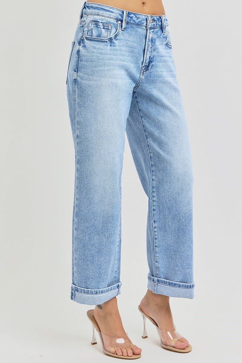 High Rise Barrel Leg Cuffed Jeans